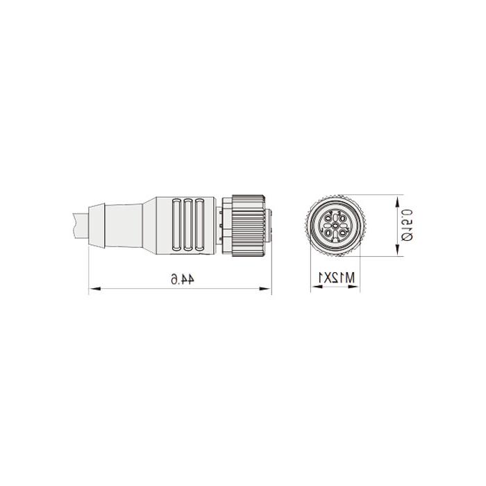 M12 4Pin female straight, IP 69K-ECOLAB, food grade, single-end pre-cast PVC non-flexible cable, gray sheathed, 64E023-XXX